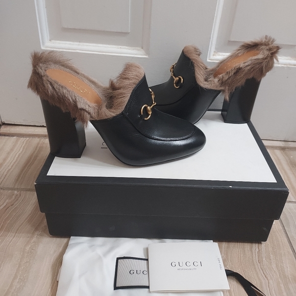 Gucci Black Princetown Fur Leather Malaga Canberra Heel Mule Slide - Picture 2 of 11